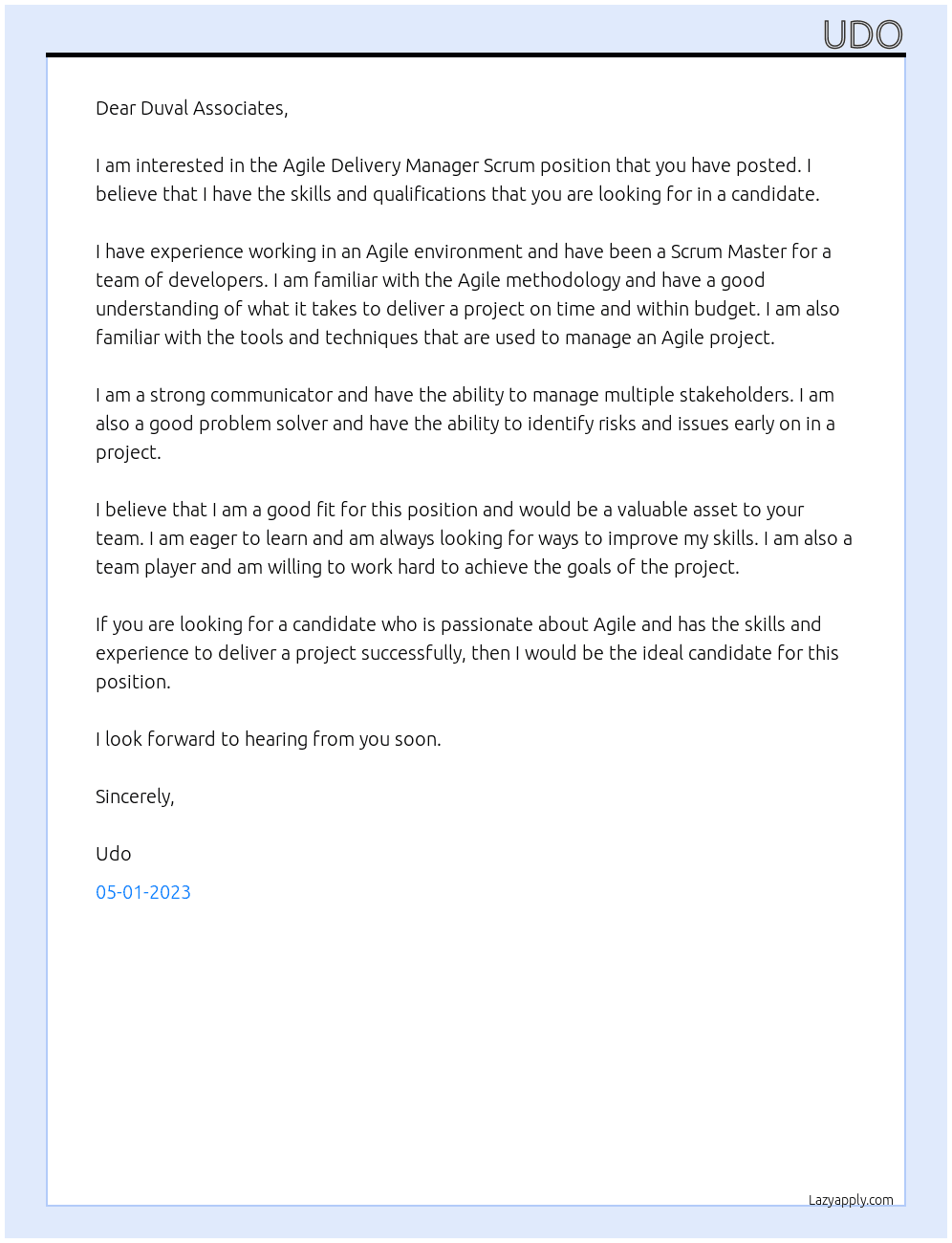 Agile delivery manager scrum  At Duval Associates Cover Letter