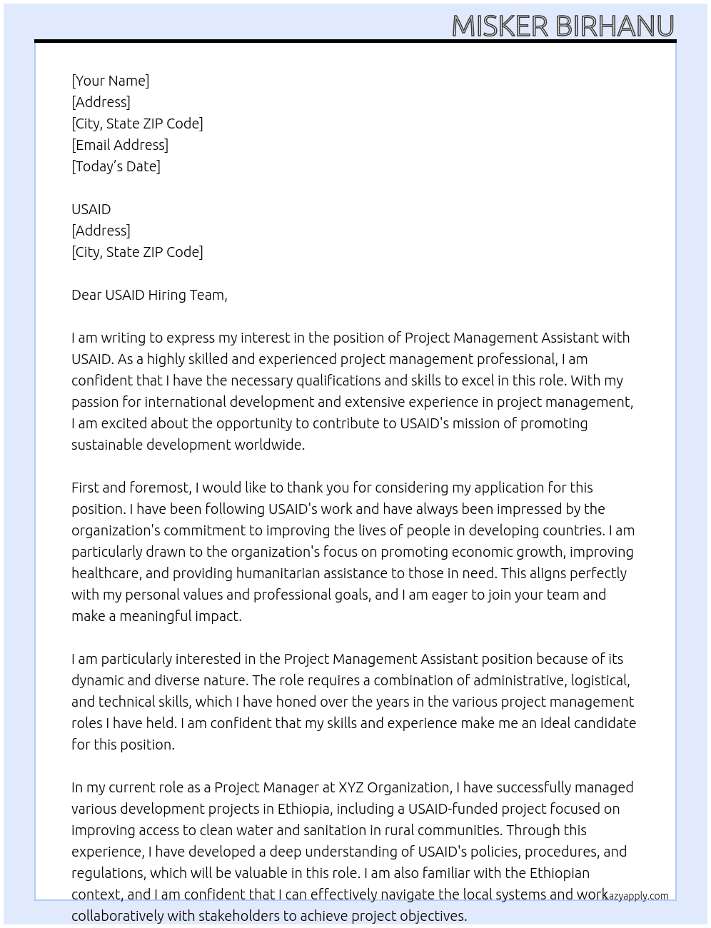 Project Management Assistant At USAID Cover Letter