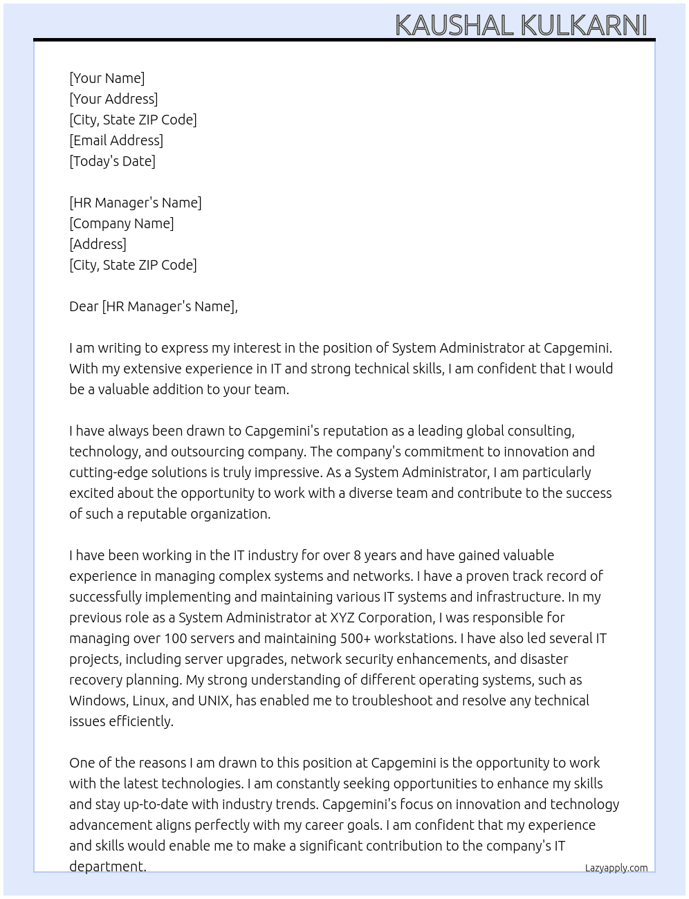 System Administrator  At Capgemini  Cover Letter