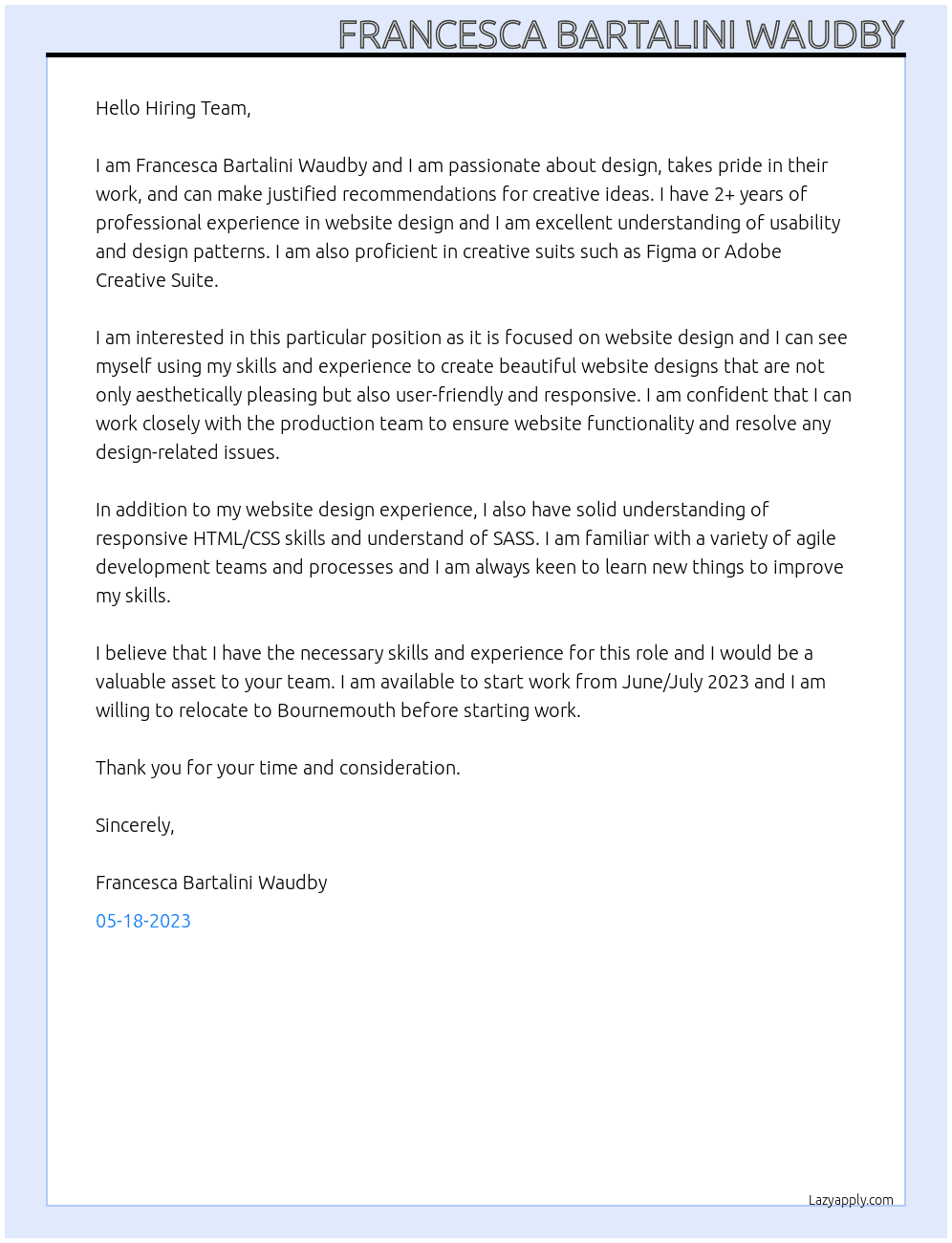 UX UI Website Designer At Upperdog Cover Letter