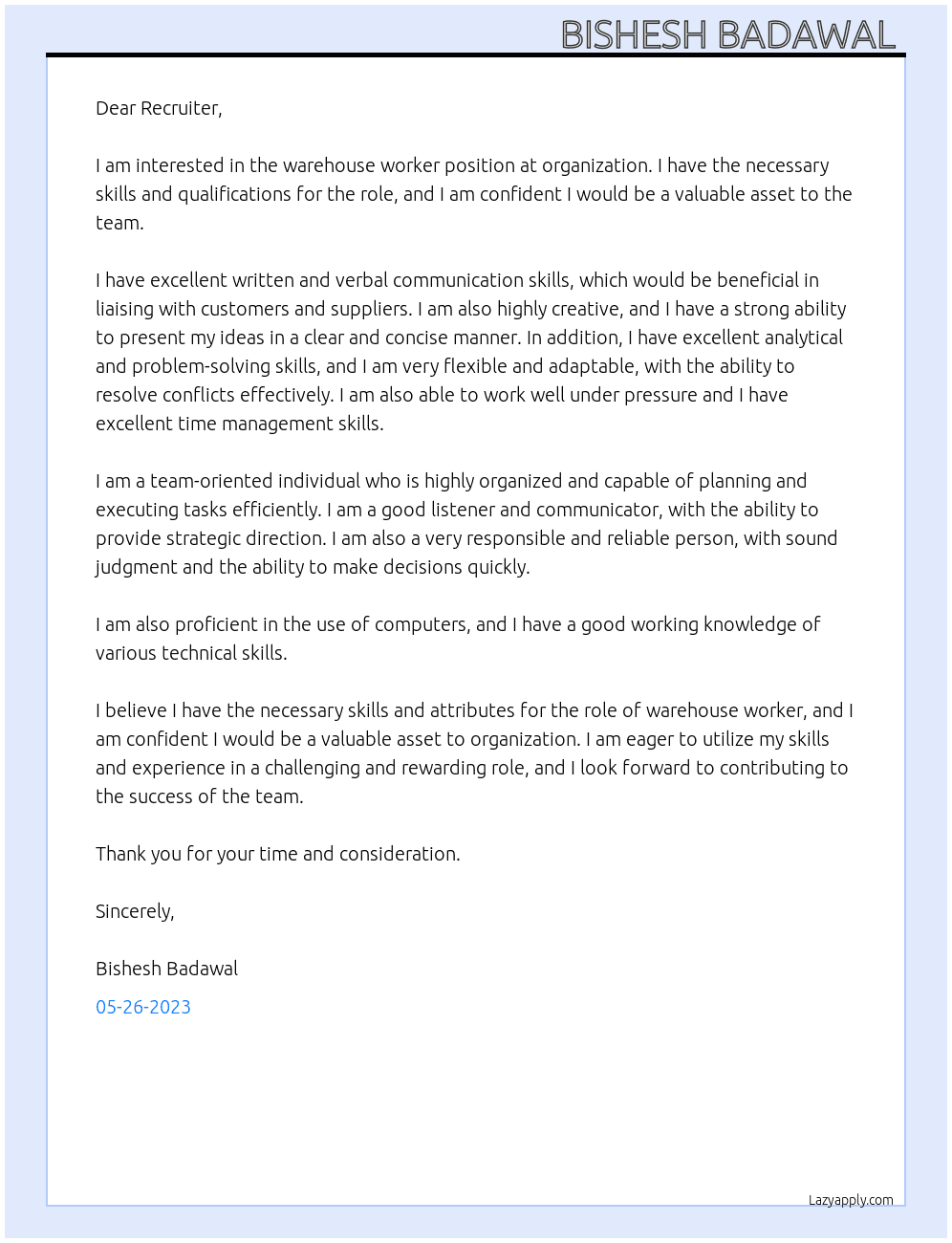 warehouse worker  At organization  Cover Letter