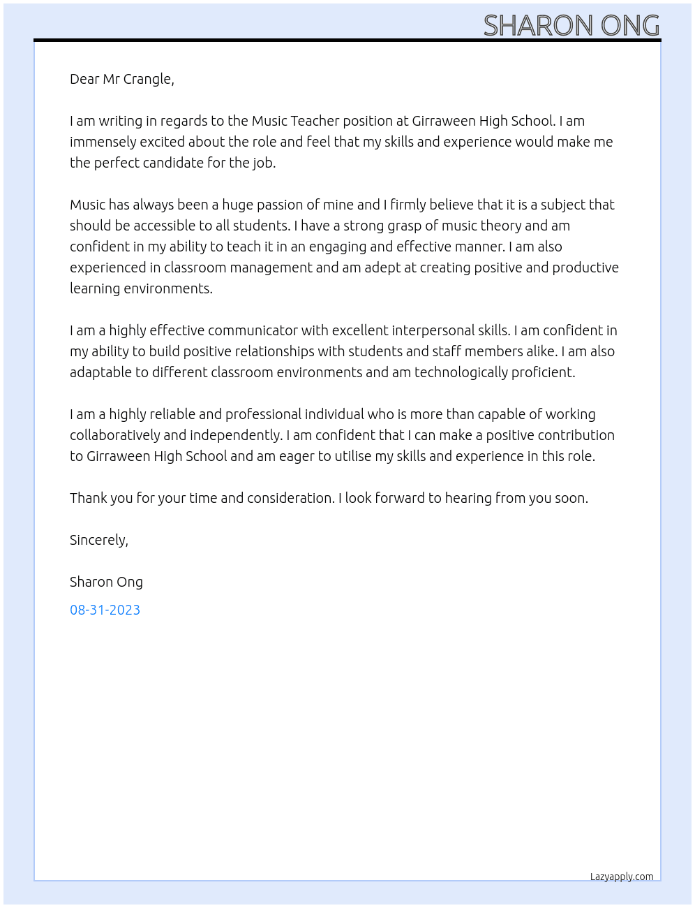 Music Teacher At Girraween High School Cover Letter