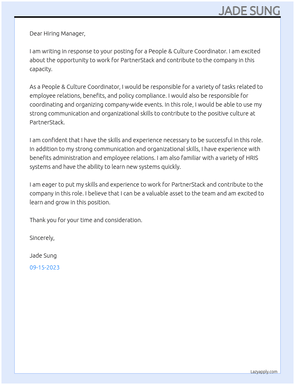 People & Culture Coordinator At PartnerStack Cover Letter