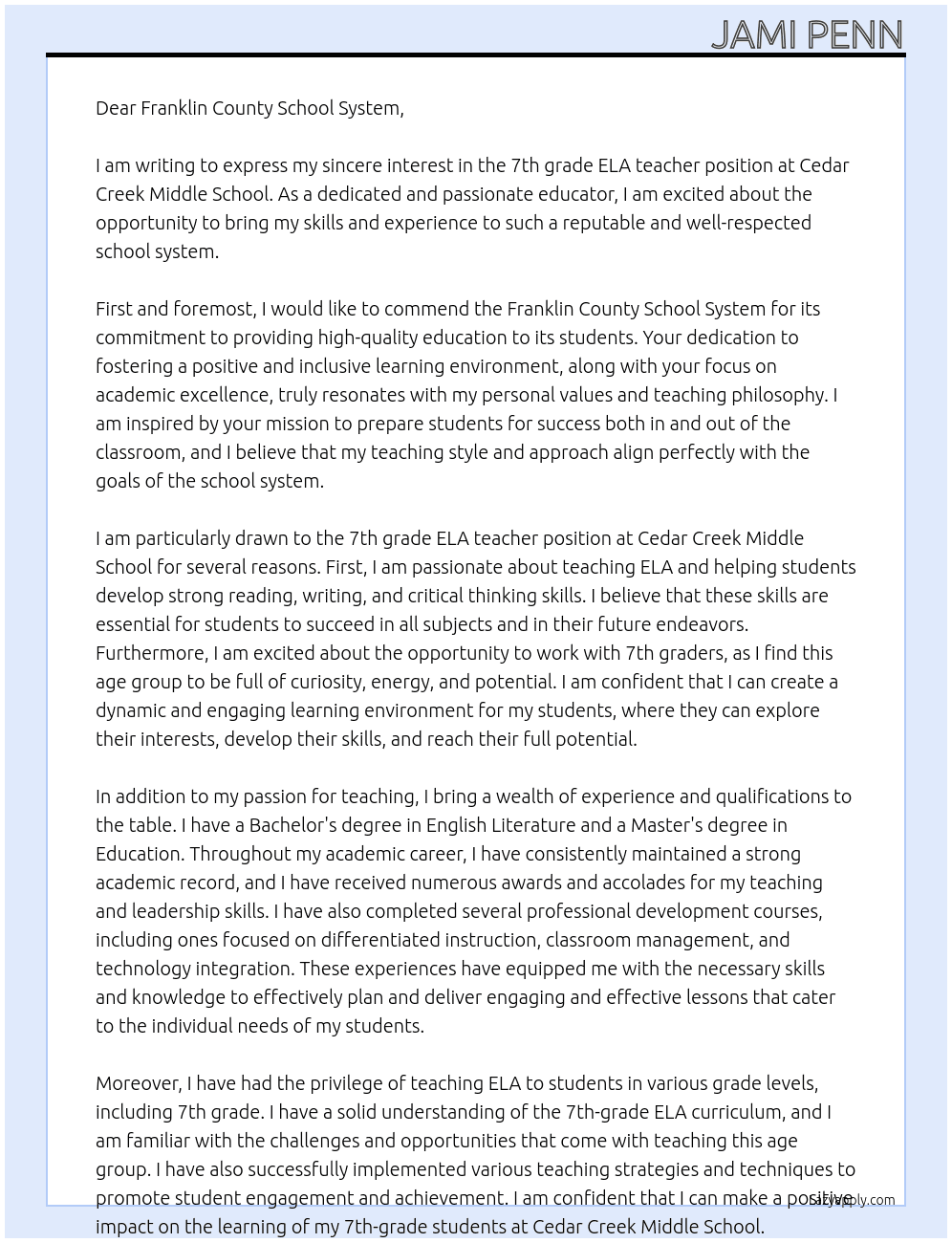 7th grade ELA teacher At Cedar Creek Middle School Cover Letter