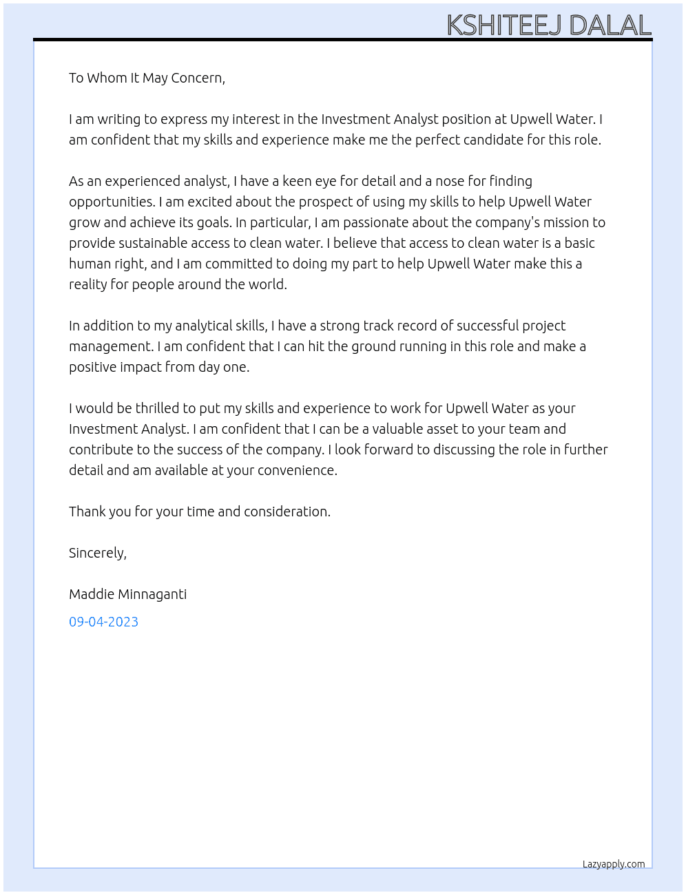 Investment Analyst At Upwell Water Cover Letter