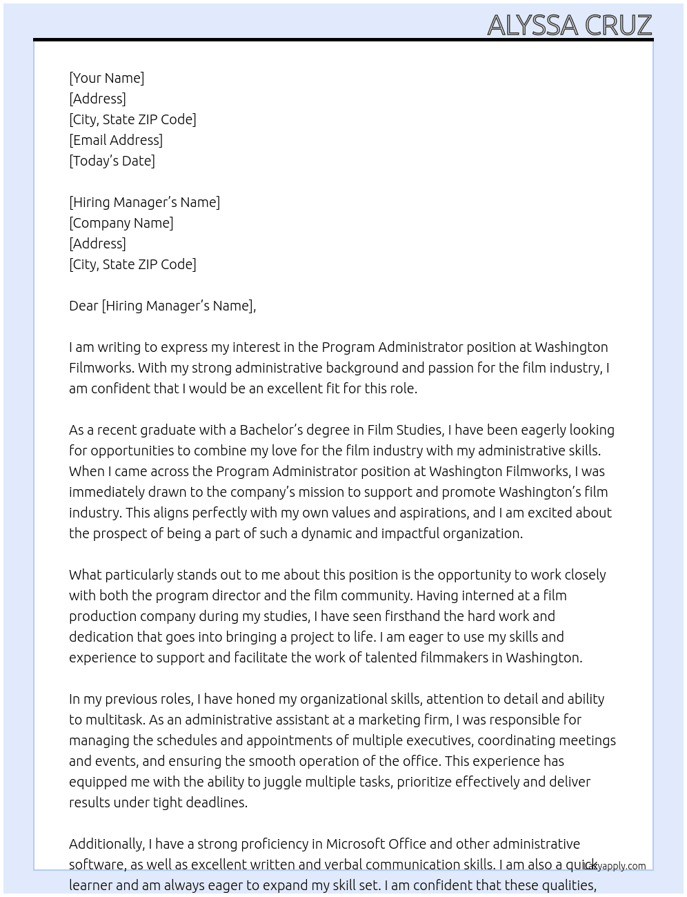 program administrator  At washington filmworks Cover Letter