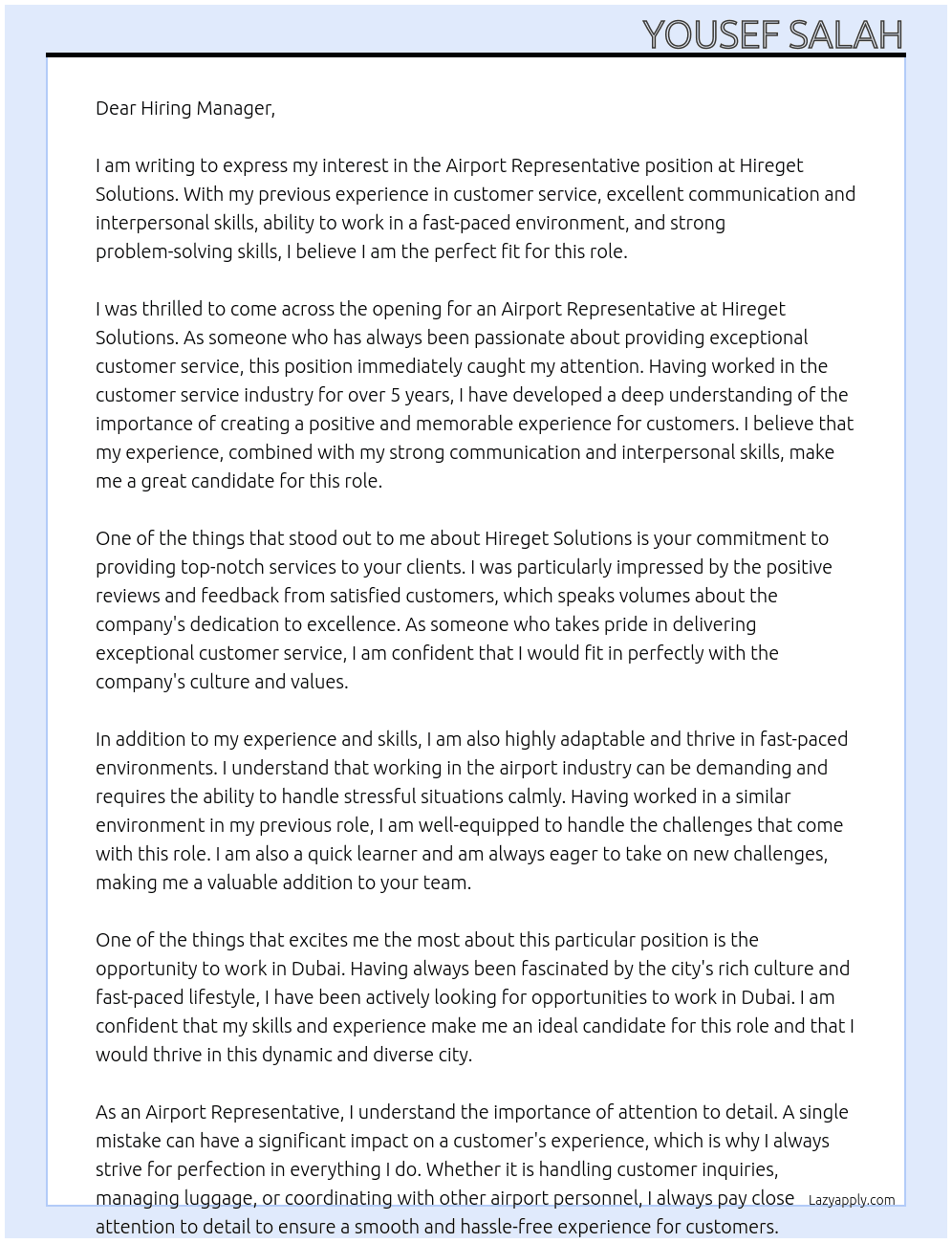 Airport Representative At Hireget Solutions Cover Letter