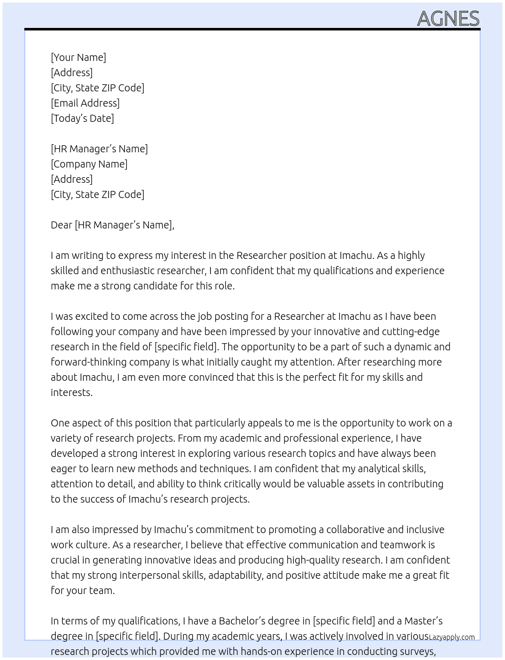 Researcher  At Imachu Cover Letter