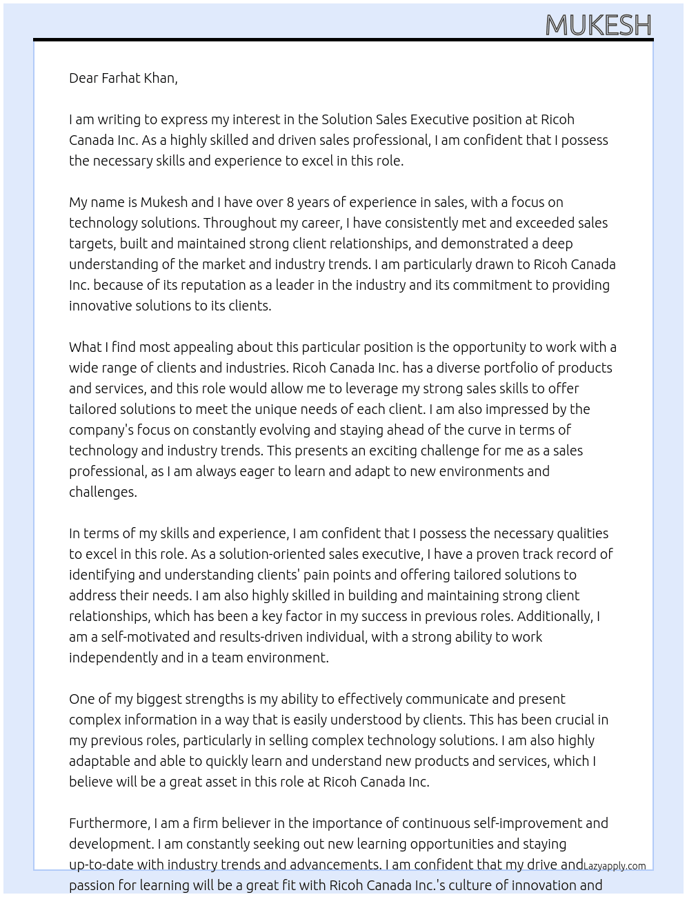Solution Sales Executive At Ricoh Canada Inc. Cover Letter