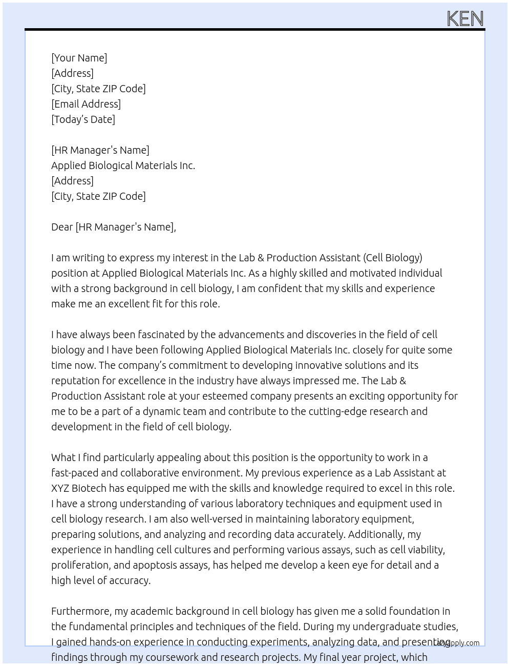 Lab & Production Assistant (Cell Biology) At Applied Biological Materials Inc. Cover Letter