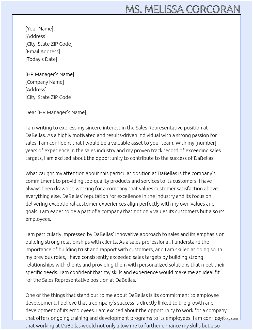 Sales Representative At DaBellas Cover Letter