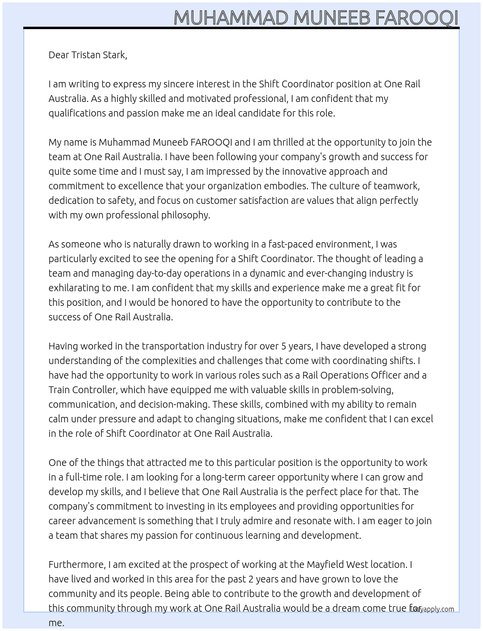 Shift coordinator  At One Rail Australia  Cover Letter