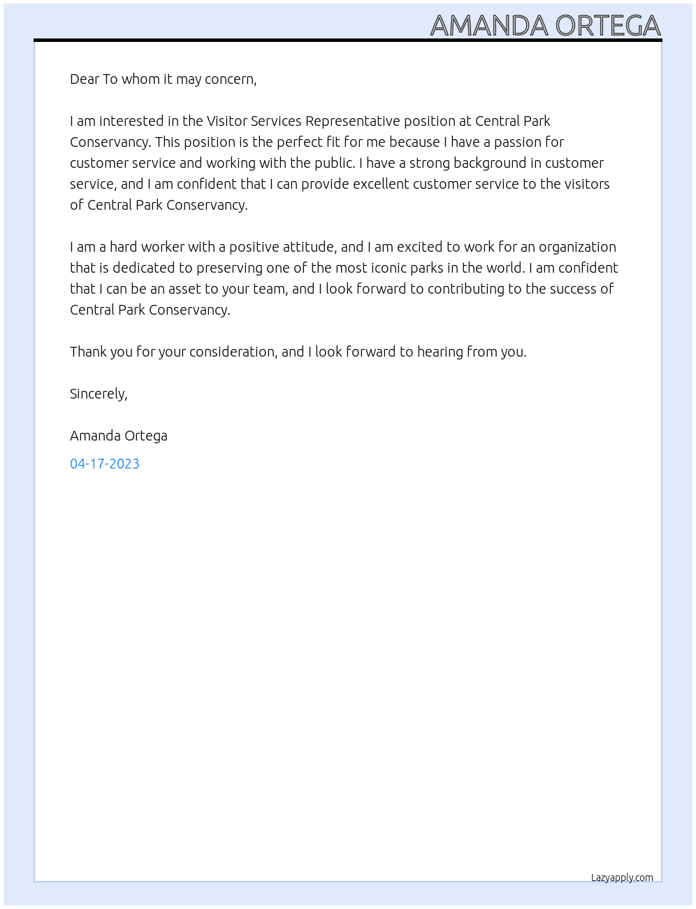Visitor services representative At Central Park Conservatory  Cover Letter