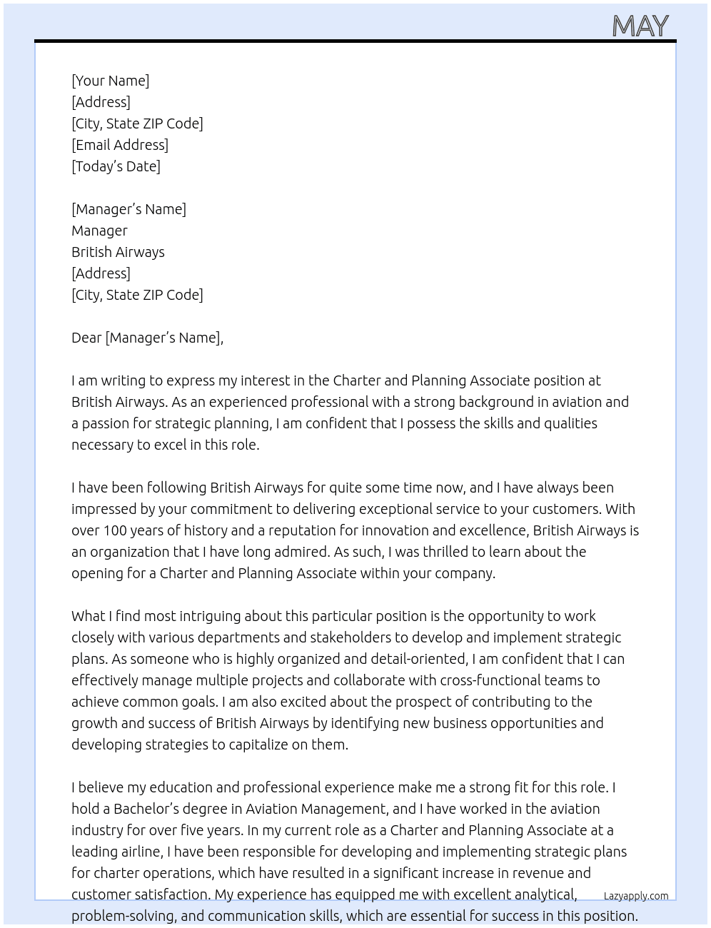 Charter and planning associate  At British airways  Cover Letter