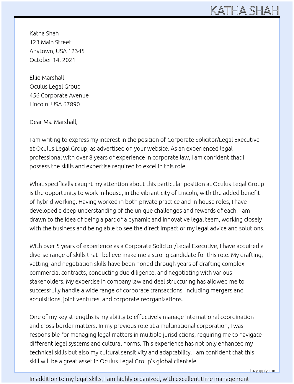Corporate Solicitor/ Legal Executive – Lincoln - In House - 5PQE +- Hybrid Working At oculus legal group Cover Letter
