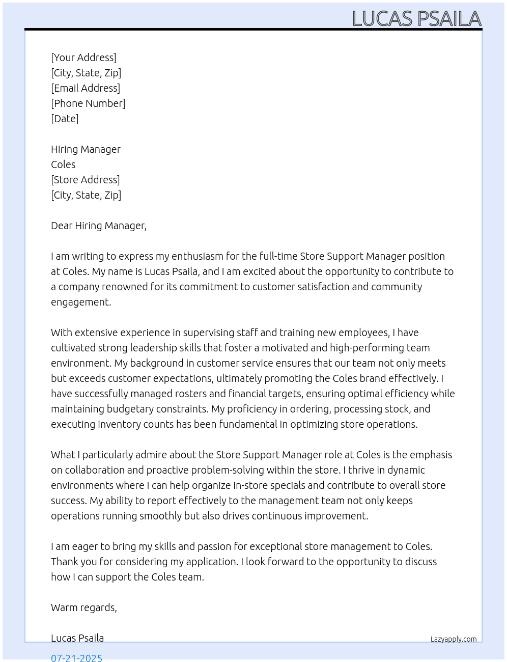 Store Support Manager At coles Cover Letter