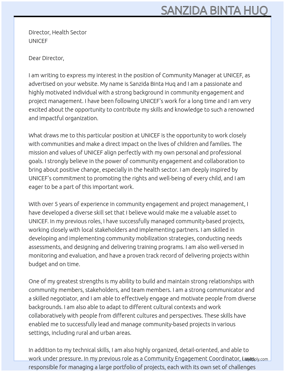 Community manager  At UNICEF  Cover Letter