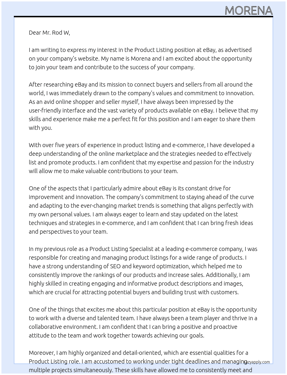 Product listing At ebay Cover Letter