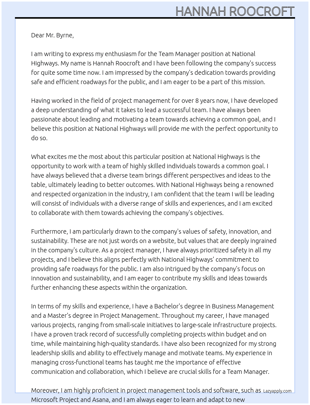 Team manager At National Highways Cover Letter