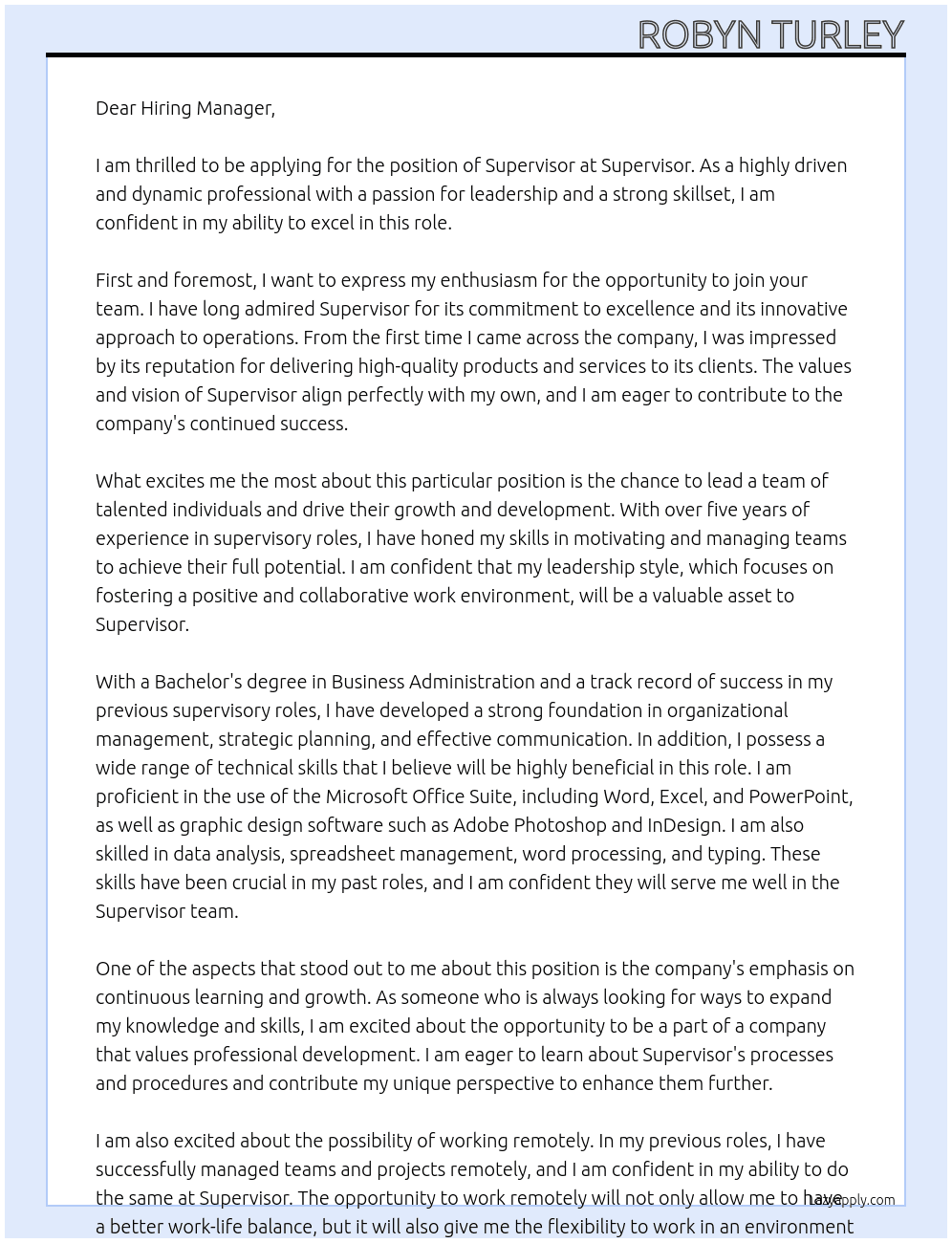 Supervisor At Supervisor Cover Letter