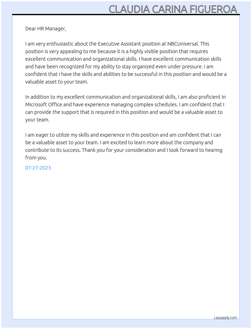 Executive Assistant  At  NBCUniversal Cover Letter