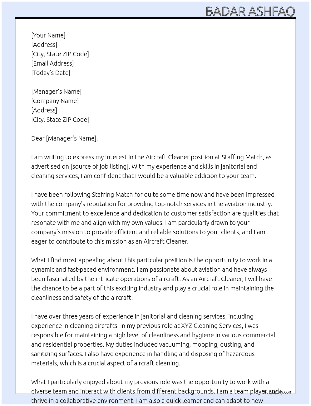 Aircraft Cleaner At Staffing Match Cover Letter