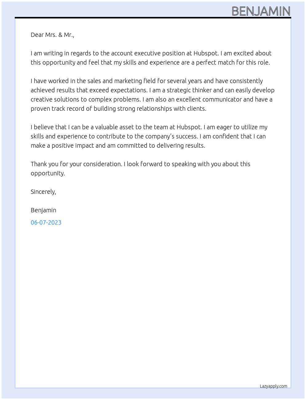 Account Executive At Hubspot Cover Letter
