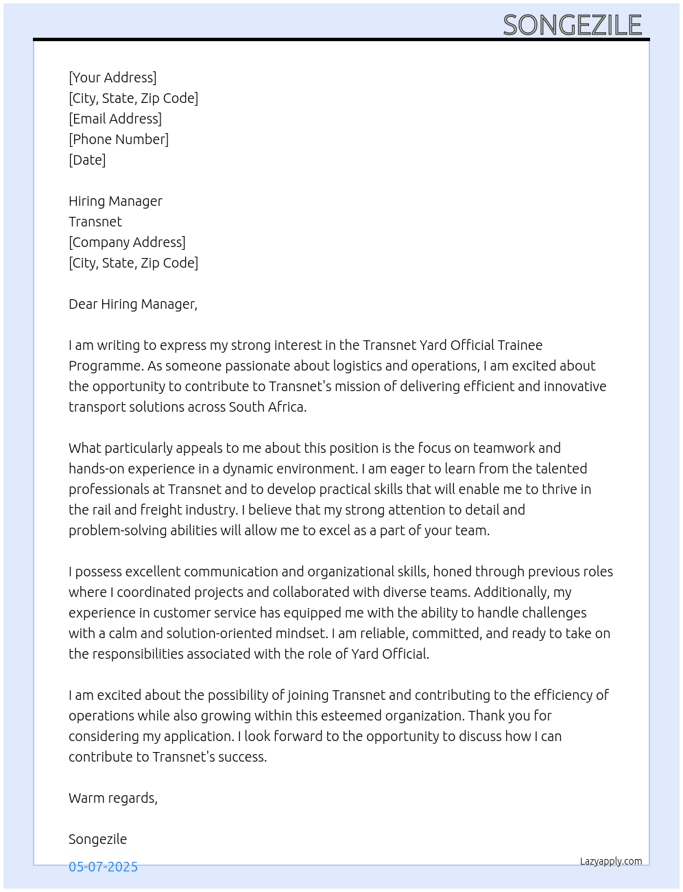 Cover letter for transnet yard official trainee programme - LazyApply