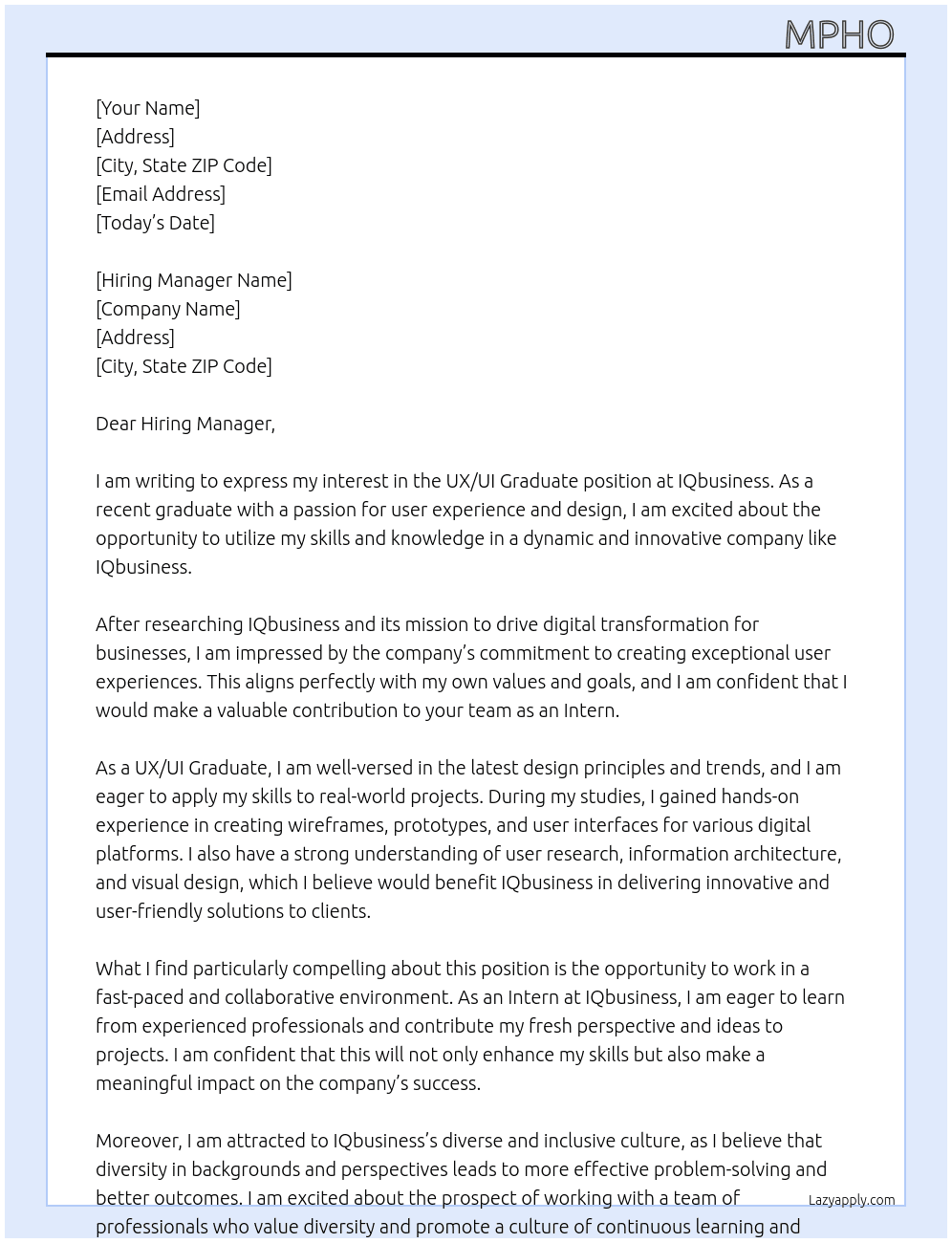 UX/UI Graduate At IQbusiness Cover Letter