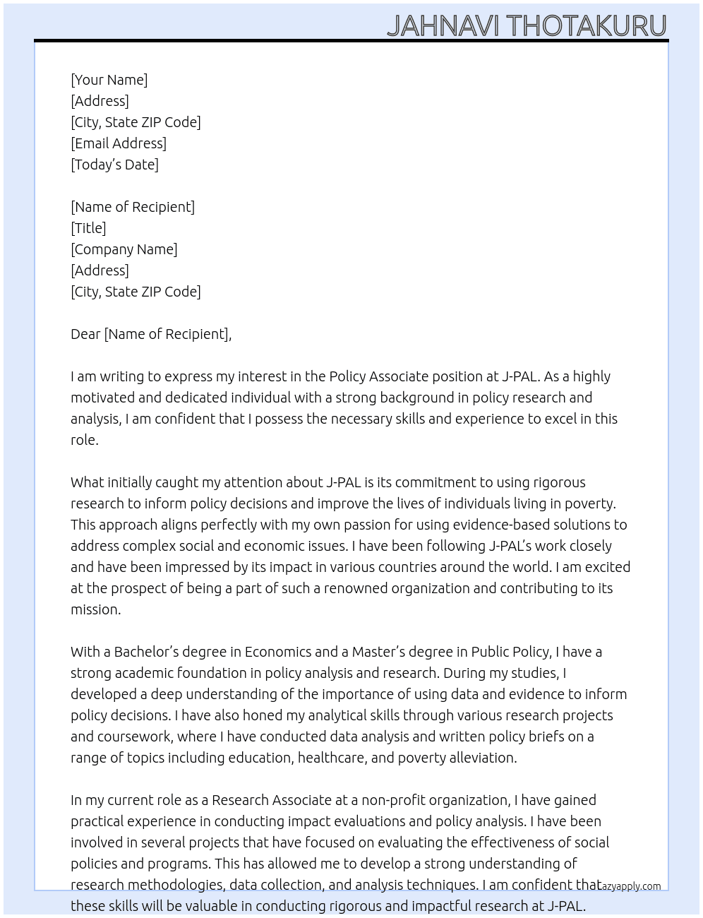 POLICY ASSOCIATE At J-PAL Cover Letter