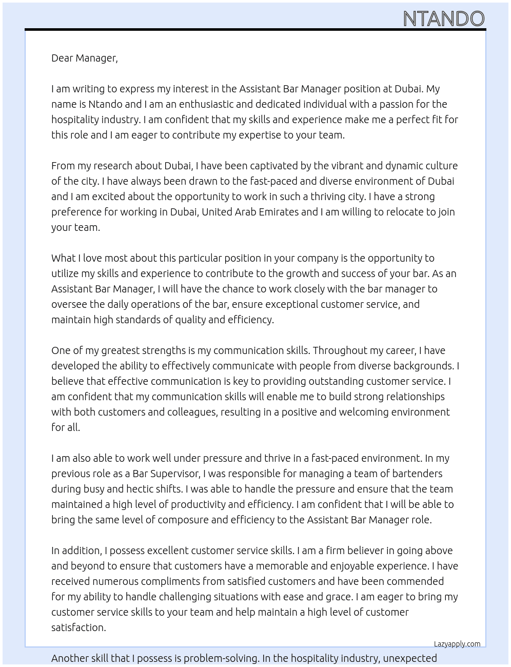 Assistant Bar Manager At Dubai Cover Letter