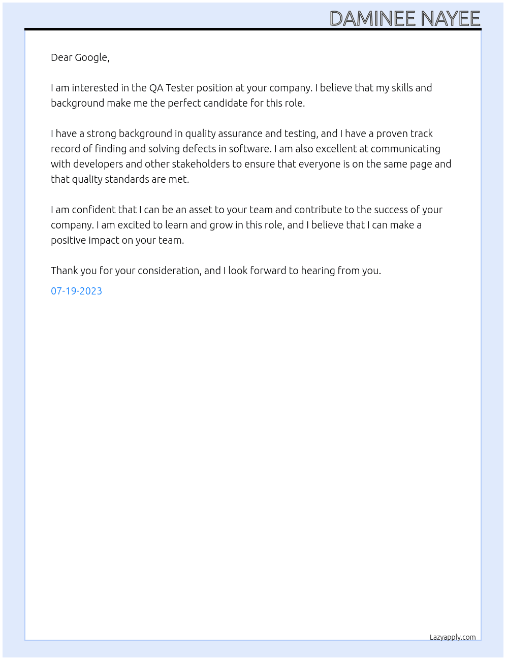 QA Tester At Google Cover Letter
