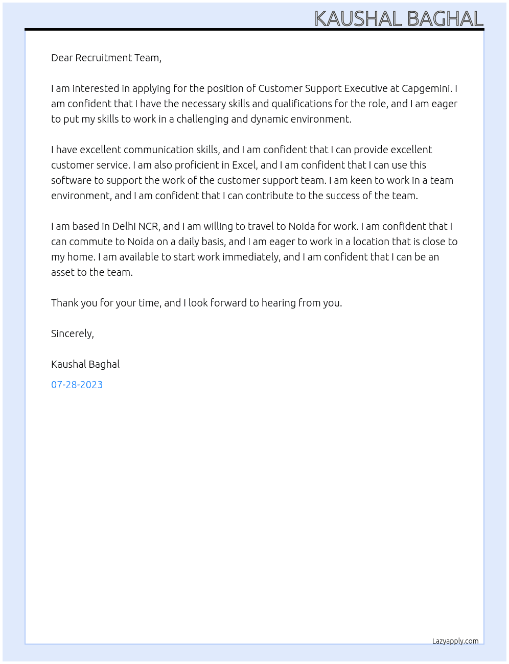 Customer Support Executive  At Capgemini Cover Letter