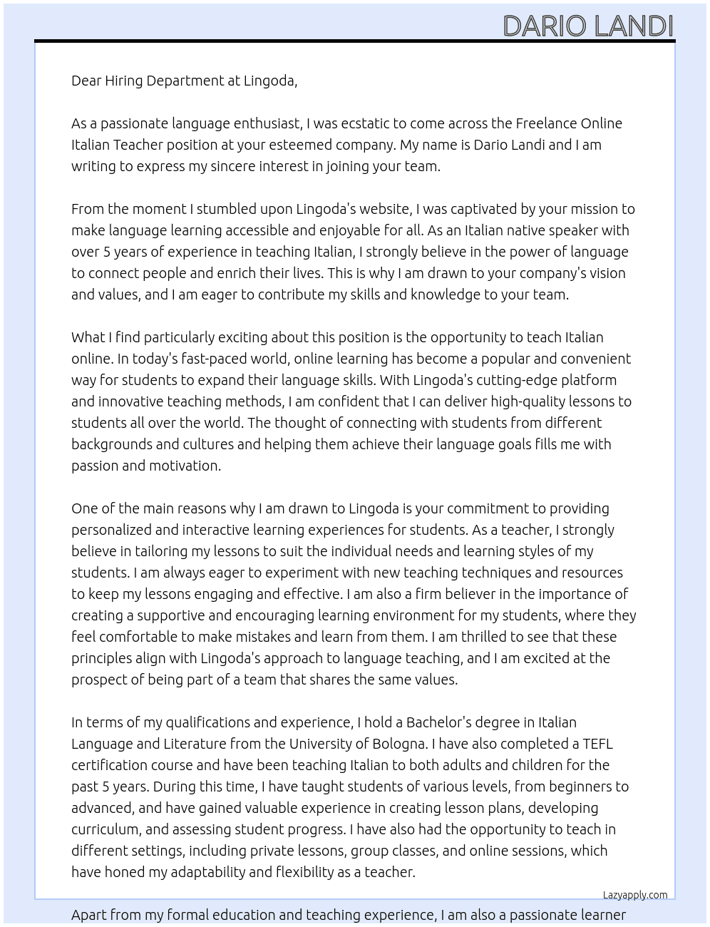 Freelance Online Italian Teacher At Lingoda Cover Letter