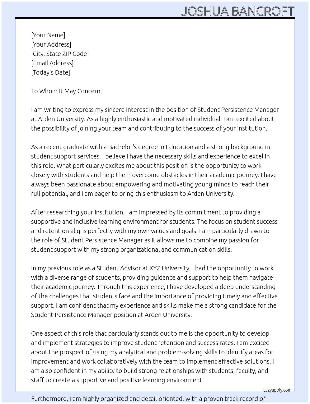 Student Persistence Manager At Arden University Cover Letter