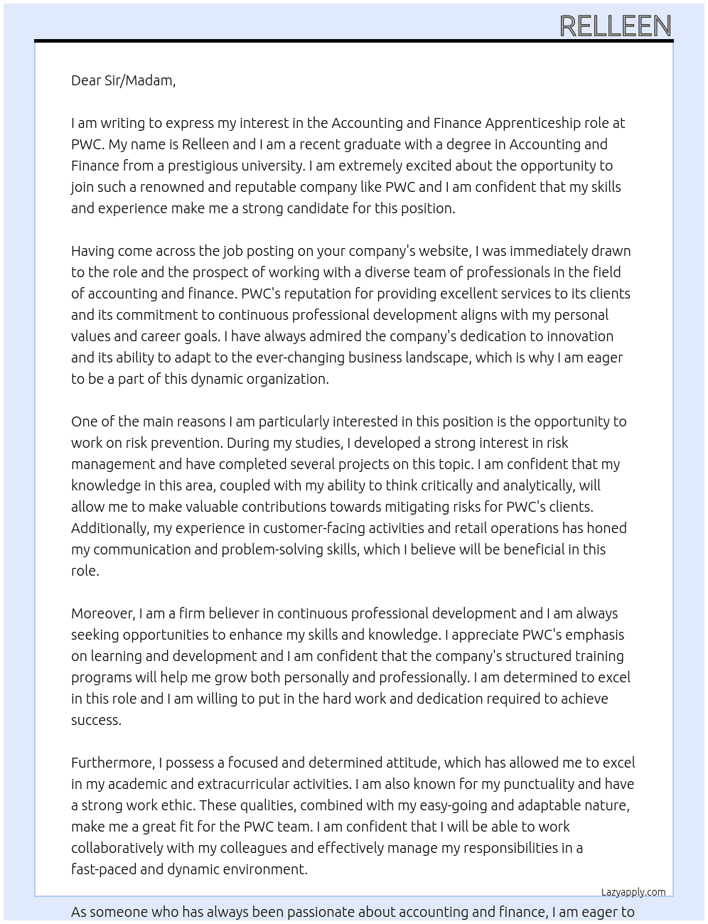 ACCOUNTING AND FINANCE  At PWC Cover Letter
