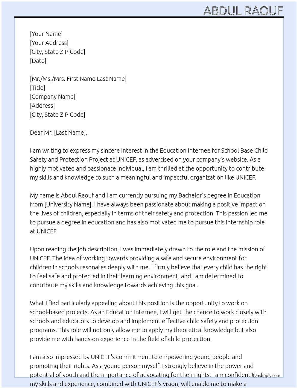 Cover letter for education internee for school base child safety and protection project - LazyApply