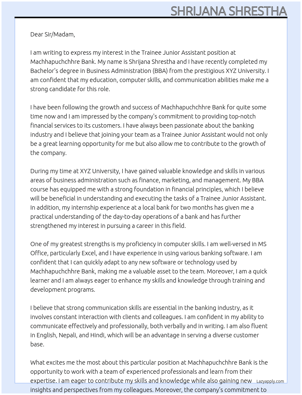 Trainee junior assistant At Machhapuchchhre Bank Cover Letter