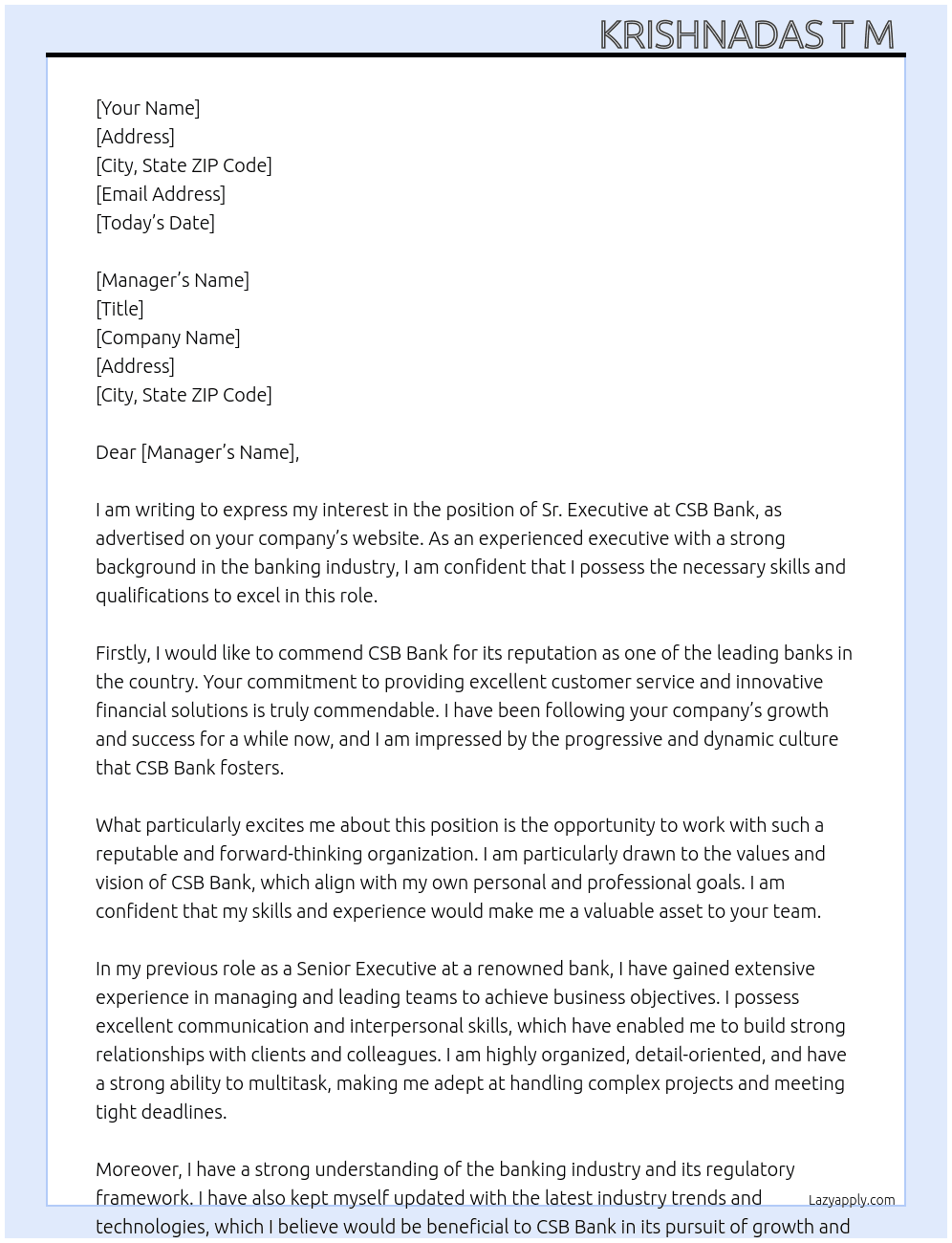 Sr.executive  At CSB bank  Cover Letter