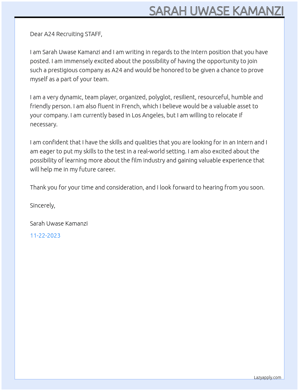 Intern At A24 Cover Letter