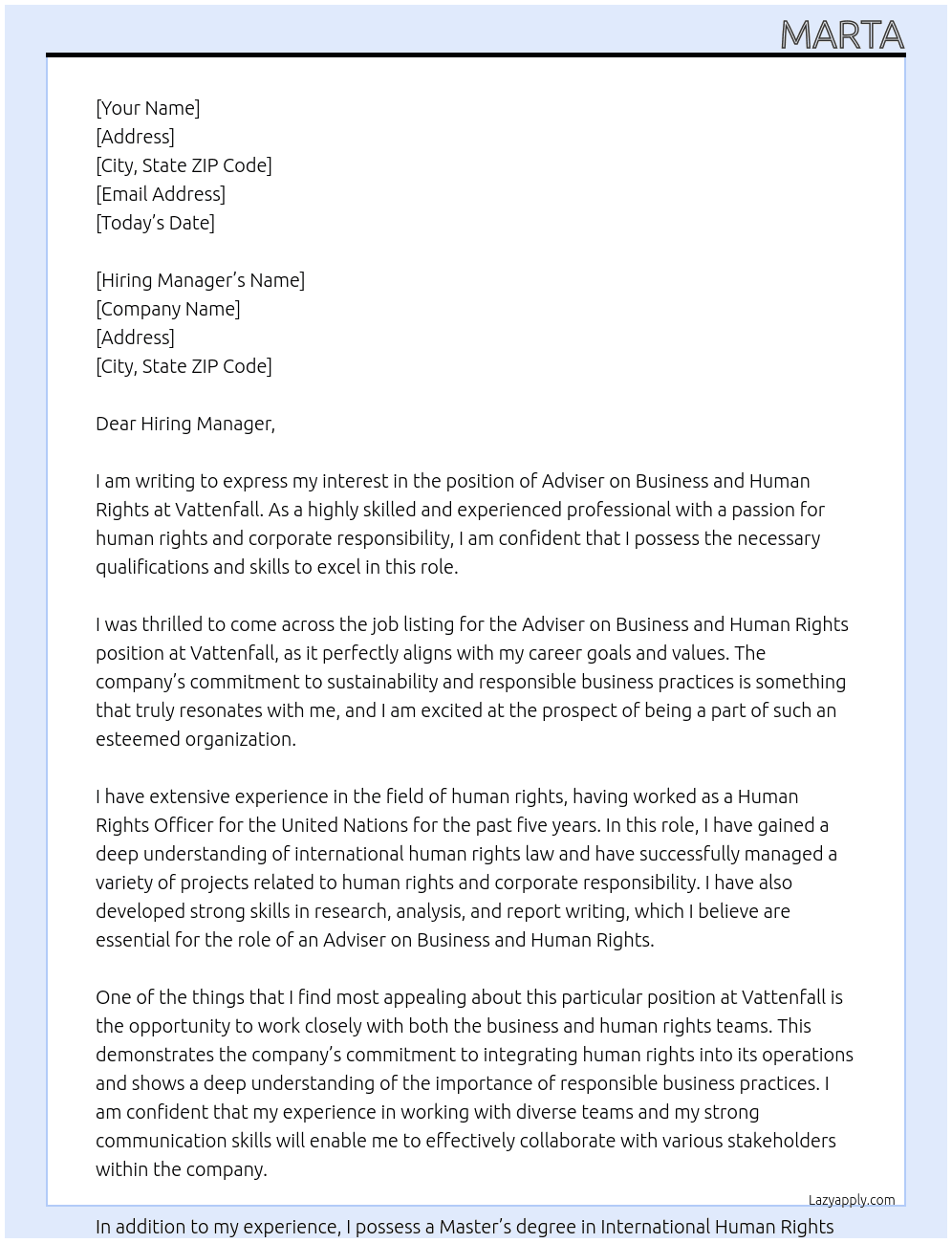 Cover letter for adviser on business and human rights - LazyApply