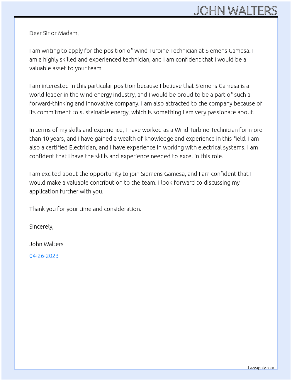 wind turbine technician At Siemens Gamesa Cover Letter