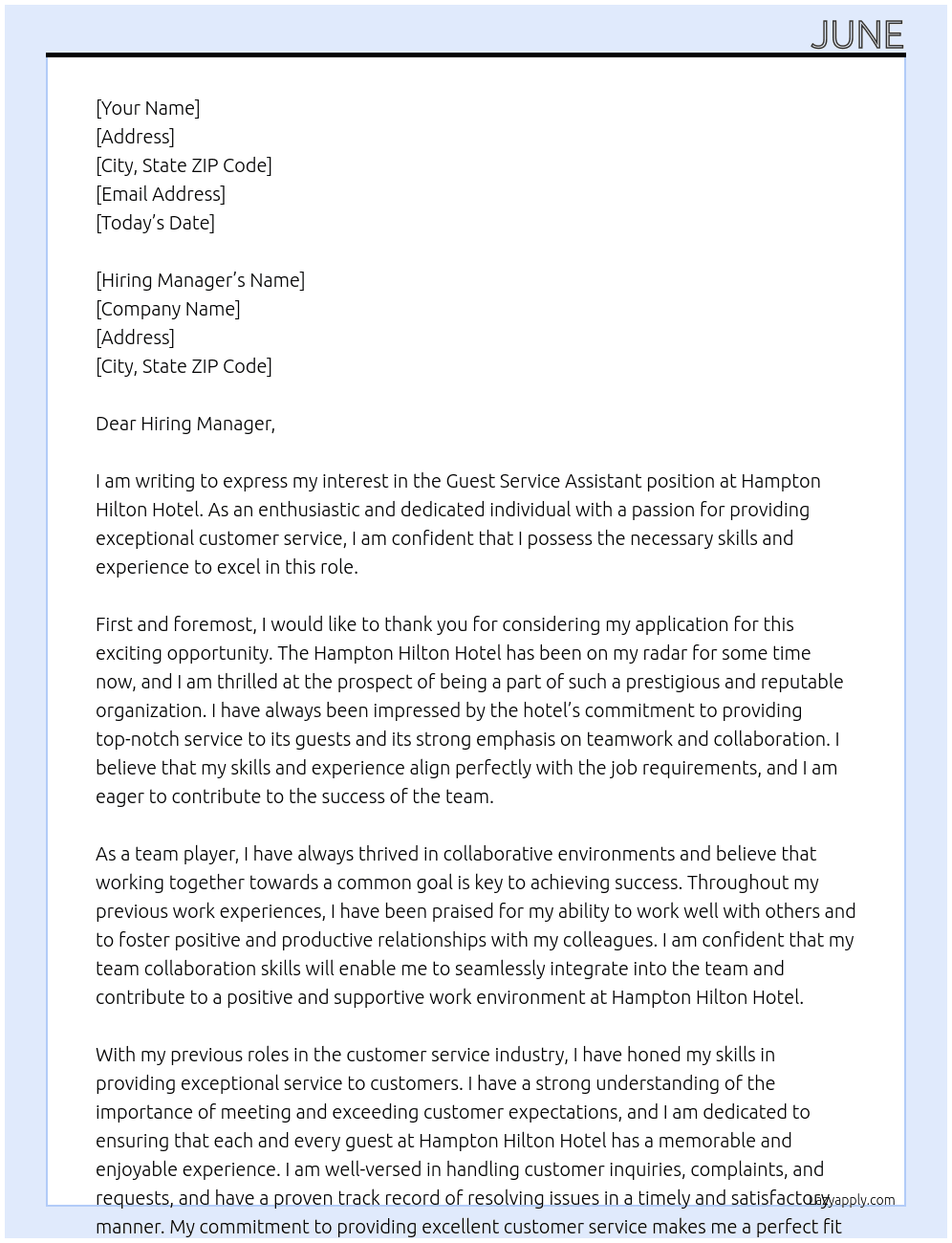 guest service assistant At Hampton Hilton Hotel Cover Letter