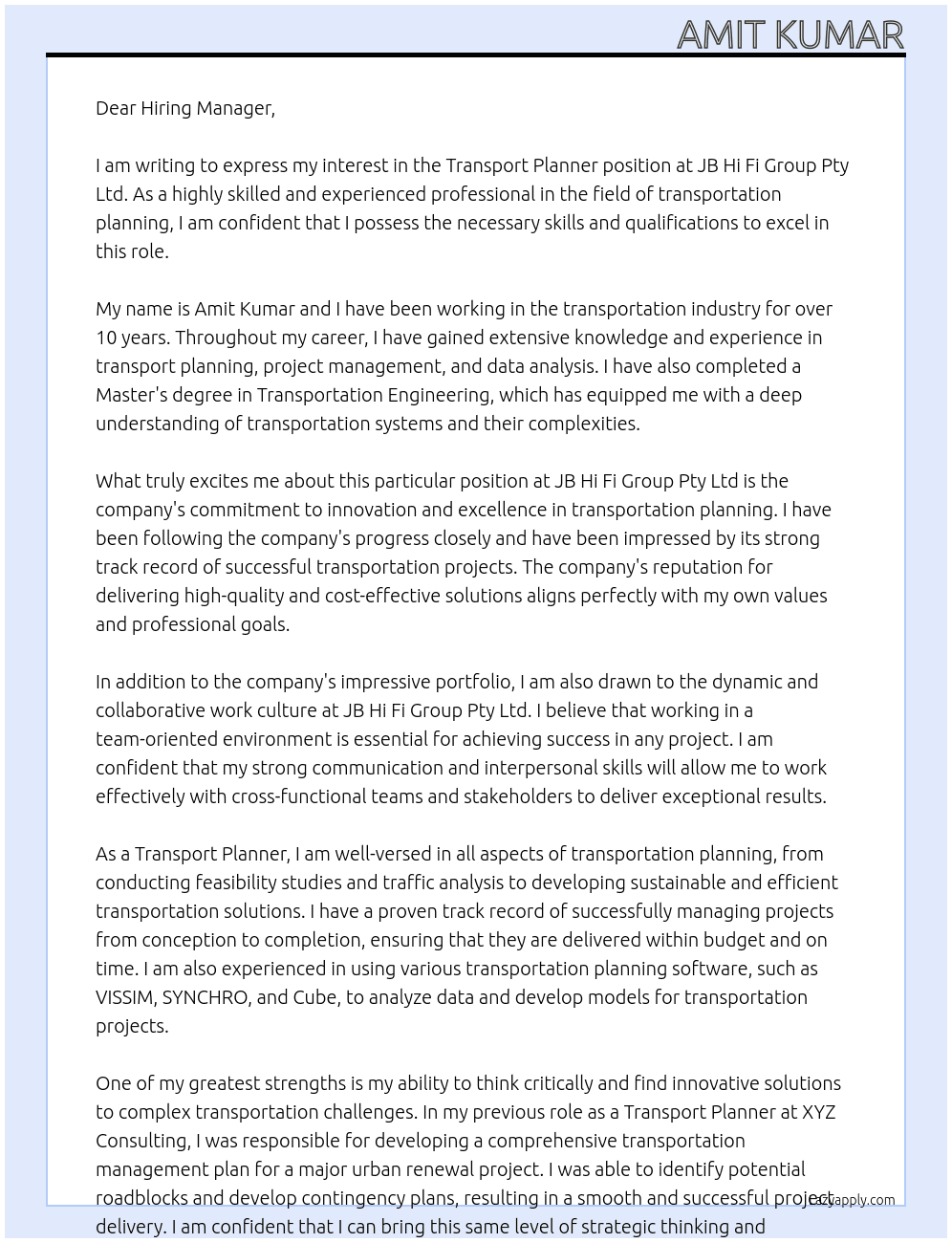 Transport Planner At JB Hi Fi Group Pty Ltd Cover Letter