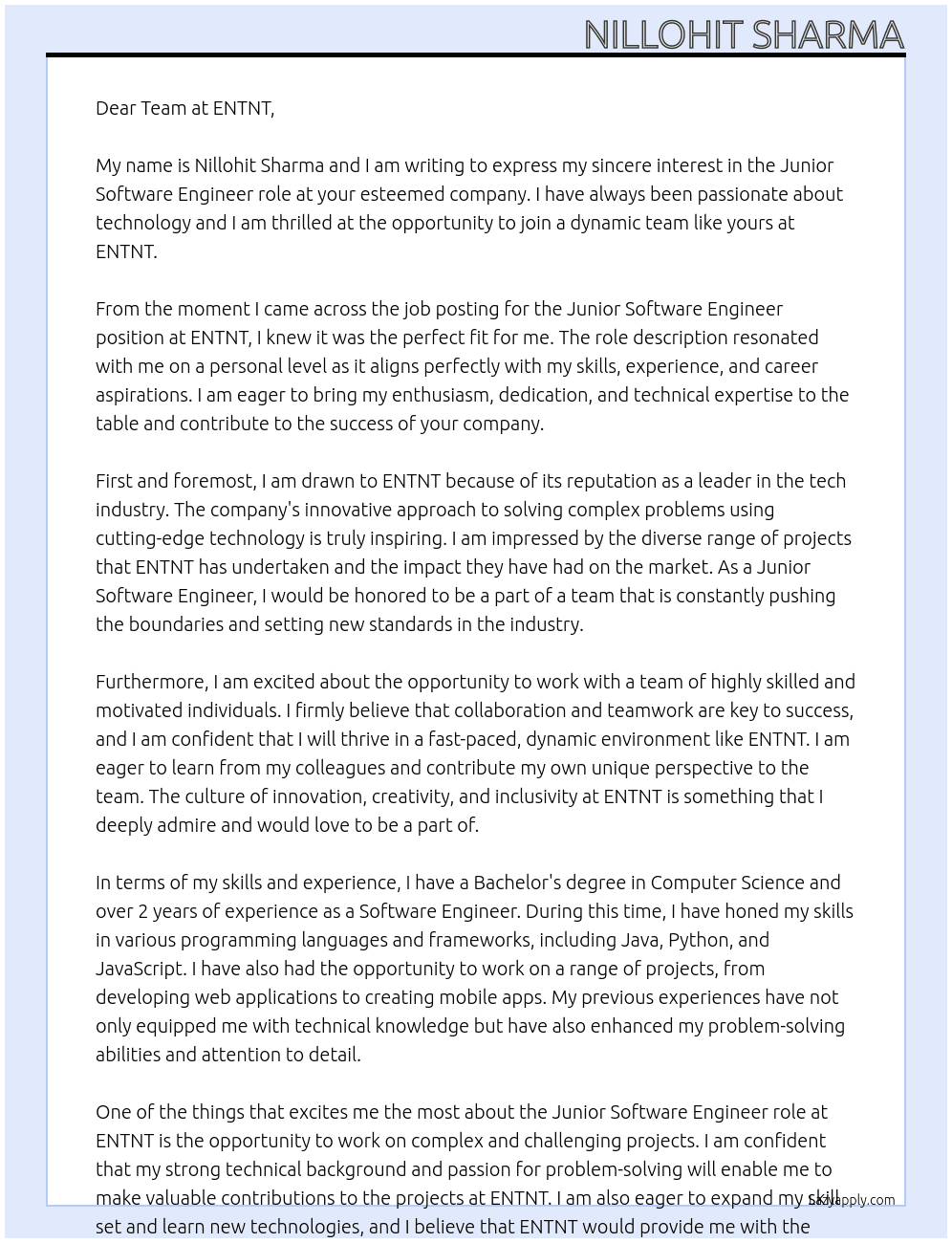 Junior Software Engineer At ENTNT Cover Letter