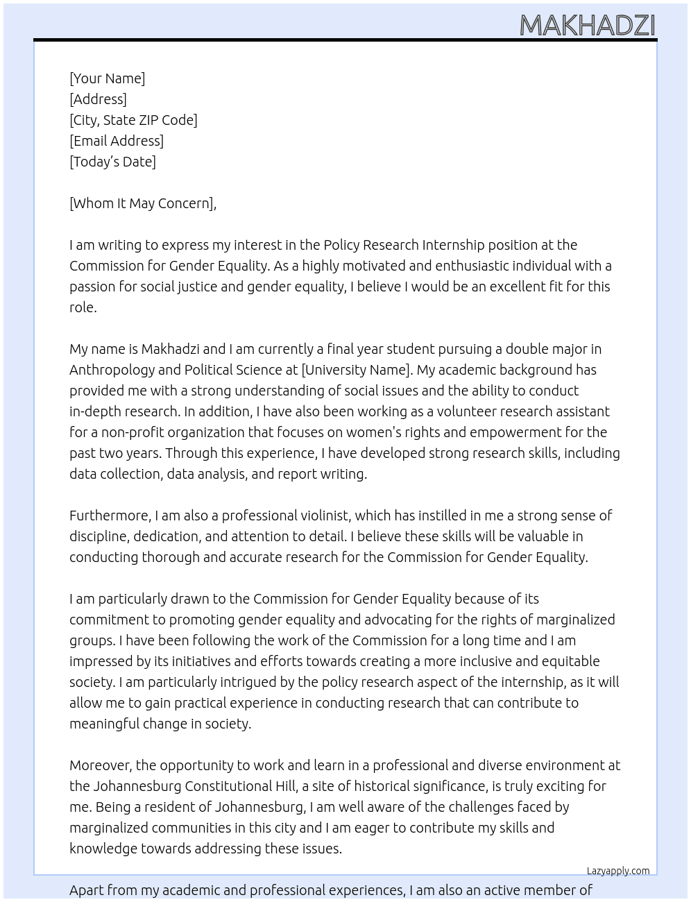 Policy research  At Commission for Gender Equality  Cover Letter