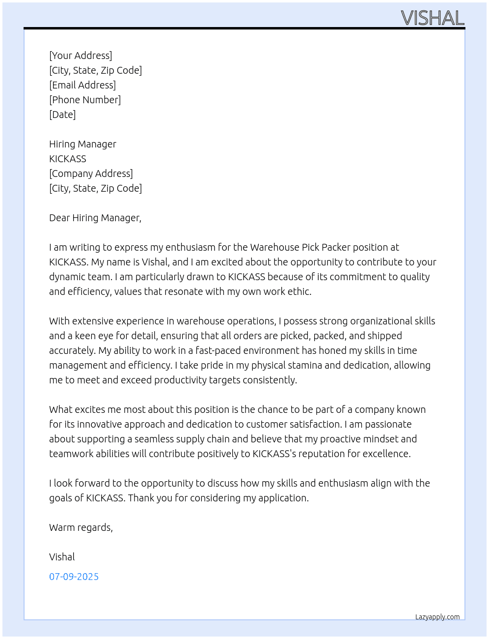 Wherehous pick packer  At KICKASS Cover Letter