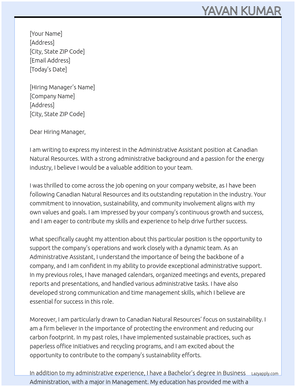 Administrative Assistant At Canadian Natural Resources Cover Letter