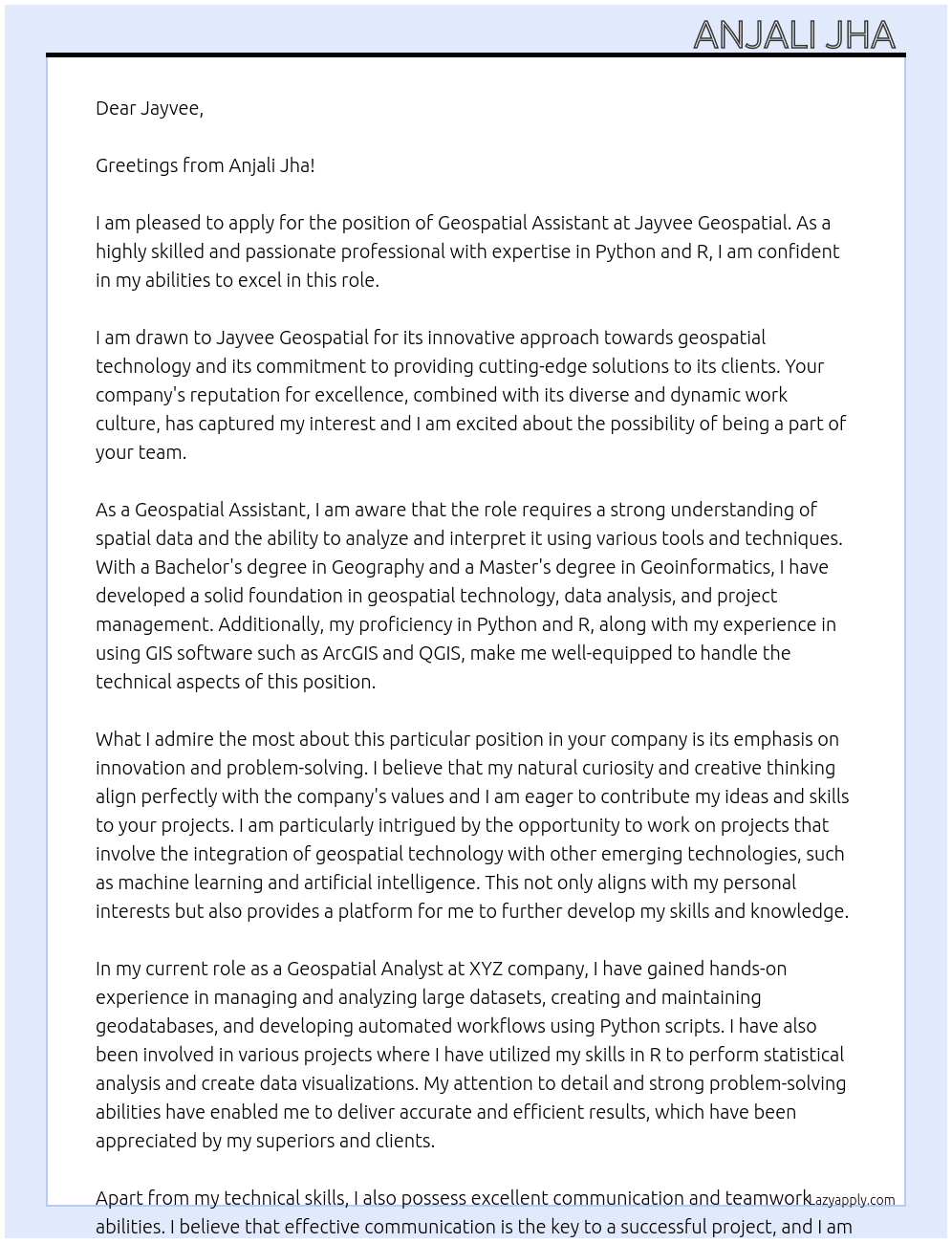 Geospatial Assistant  At Jayvee Geospatial  Cover Letter