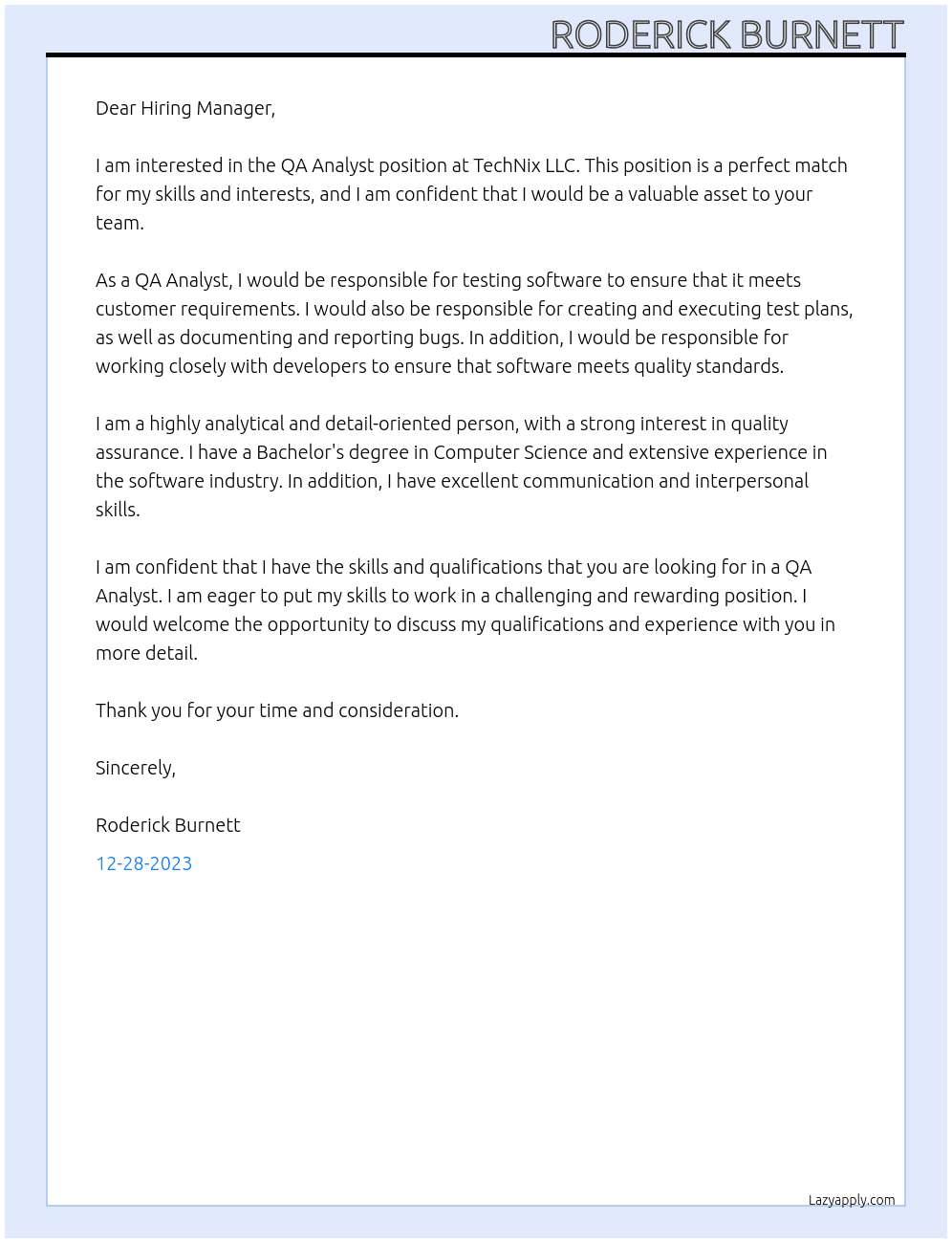 QA Analyst At TechNix LLC  Cover Letter